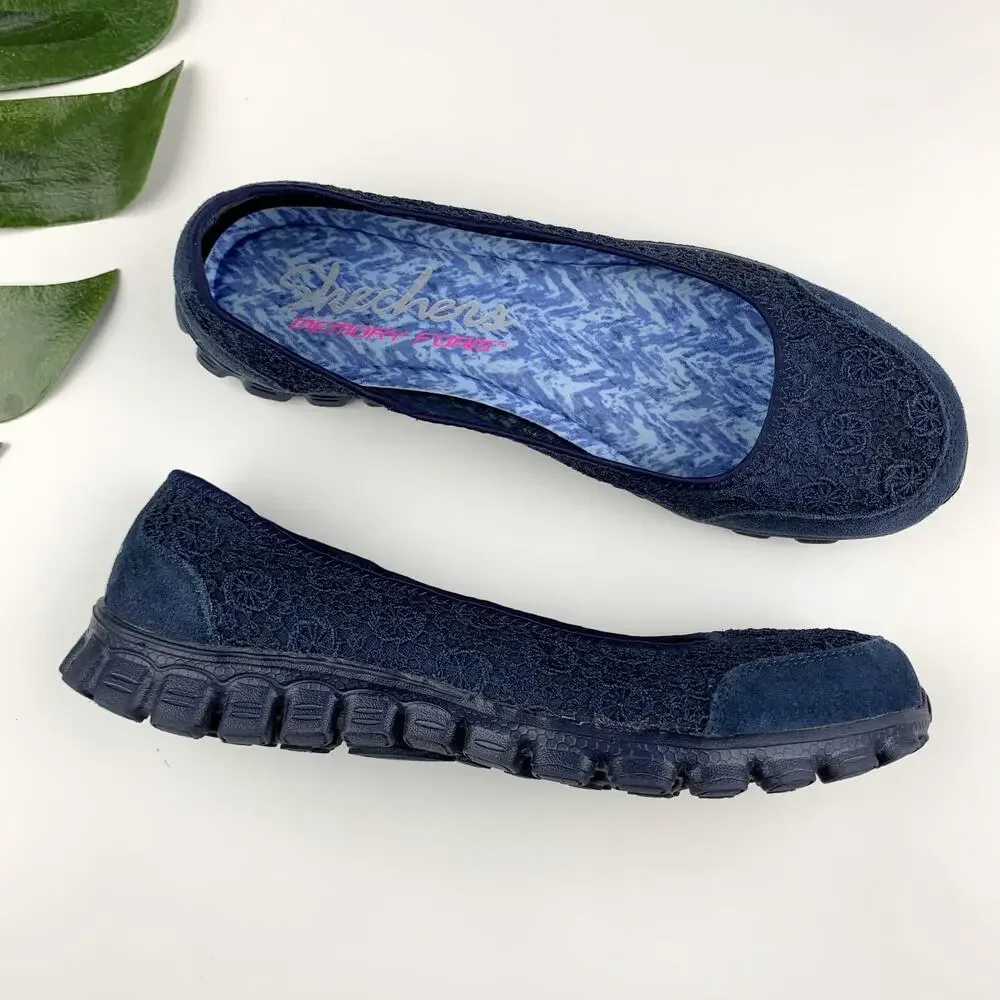 Skechers Comfort Shoes Navy Blue Lace Crochet Slip On Casual Women's 10